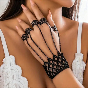 Gothic Finger Chain Silk Glove Ring Bracelet Halloween Women's Handback Chain