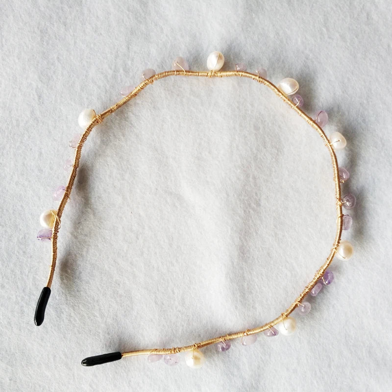 Retro Fairy Hair Jewelry Natural Freshwater Pearl Purple Jade Amethyst Hair Band