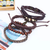 Retro Charms Beads Bracelet for Men Punk Leaf Braided Leather Wristband