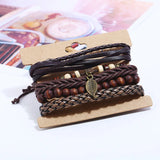 Retro Charms Beads Bracelet for Men Punk Leaf Braided Leather Wristband