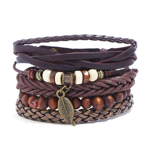 Retro Charms Beads Bracelet for Men Punk Leaf Braided Leather Wristband