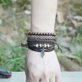 Retro Charms Beads Bracelet for Men Punk Leaf Braided Leather Wristband