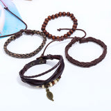 Retro Charms Beads Bracelet for Men Punk Leaf Braided Leather Wristband
