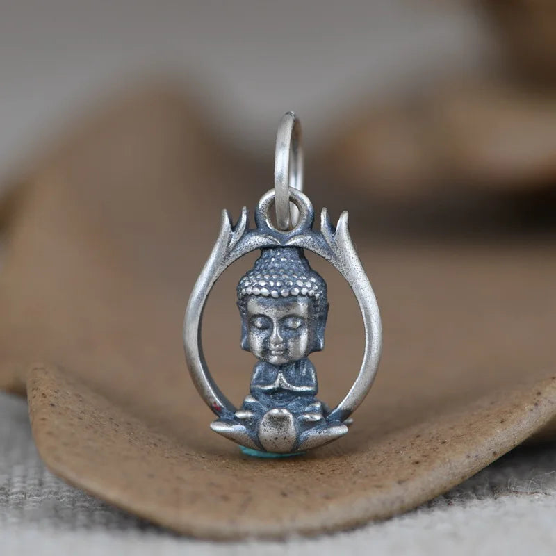 Small Buddha Pendant in S925 Sterling Silver Retro Cartoon Art for Women