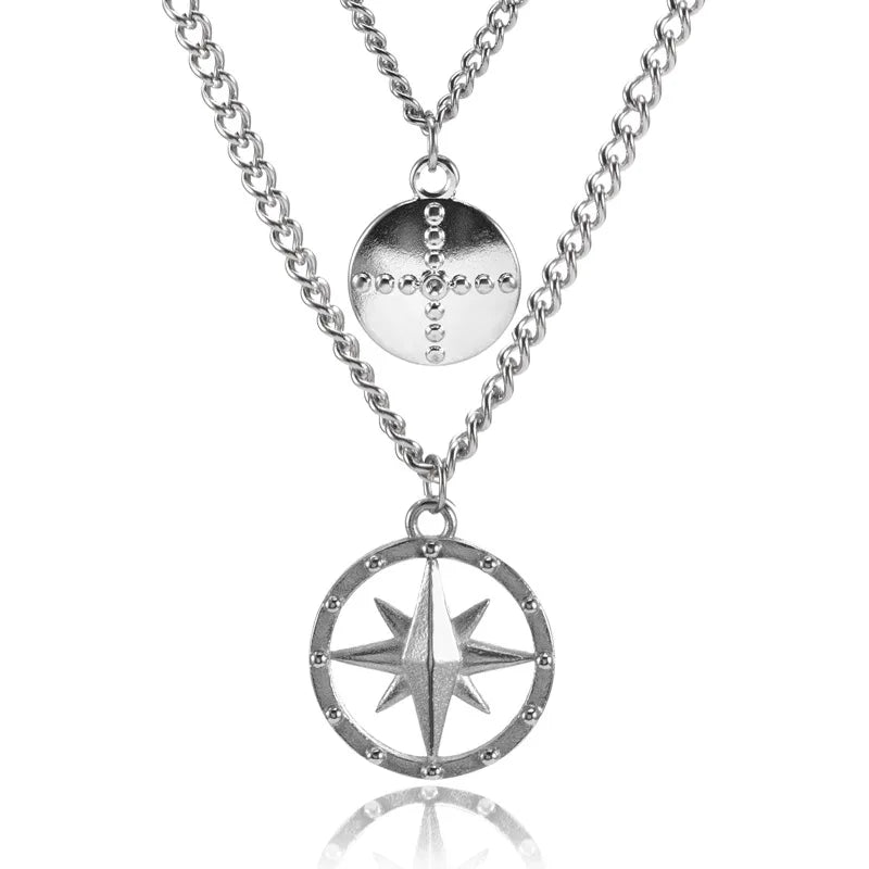 Retro Personality Compass Double-layer Chain Hip-Hop Necklace