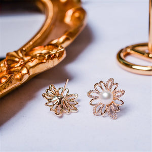 Retro Flower Pearl Earring with Zircon Diamond 14K Filled Silver for Women