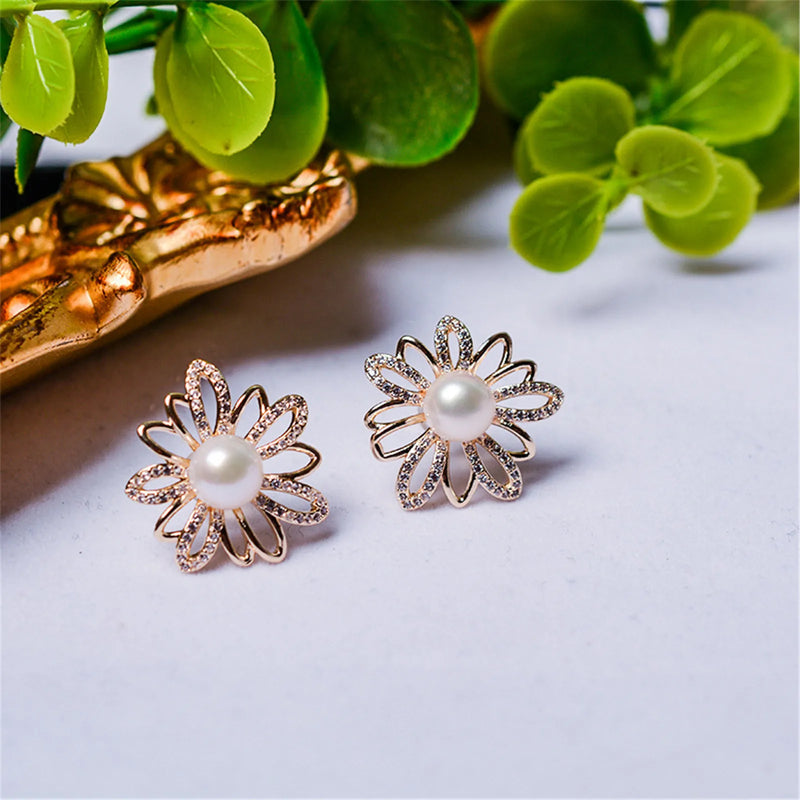 Retro Flower Pearl Earring with Zircon Diamond 14K Filled Silver for Women