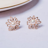 Retro Flower Pearl Earring with Zircon Diamond 14K Filled Silver for Women