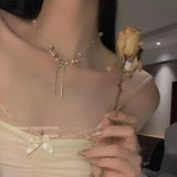 French Style Pearl Bow Tassel Necklace Elegant Choker