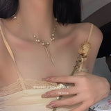 French Style Pearl Bow Tassel Necklace Elegant Choker