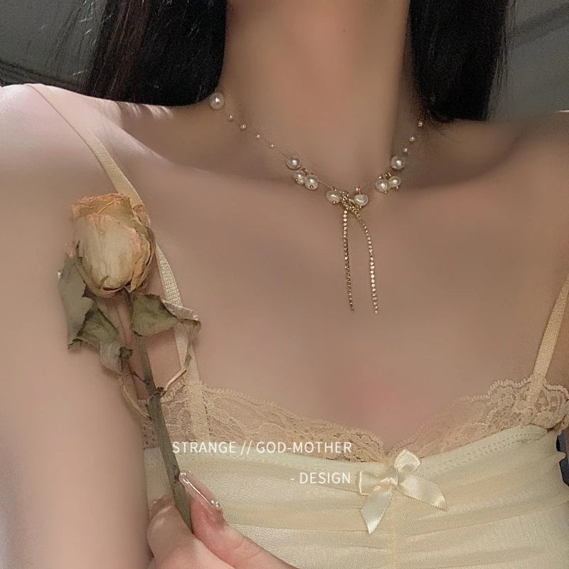 French Style Pearl Bow Tassel Necklace Elegant Choker