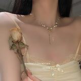 French Style Pearl Bow Tassel Necklace Elegant Choker