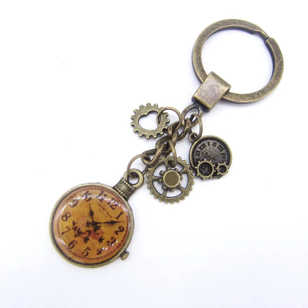 Vintage Gears & Time Gem Clock Keychain Retro Accessory