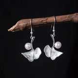 925 Silver Ginkgo Leaf Piercing Earrings with Freshwater Pearl EH113