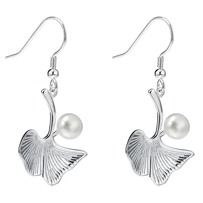 925 Silver Ginkgo Leaf Piercing Earrings with Freshwater Pearl EH113