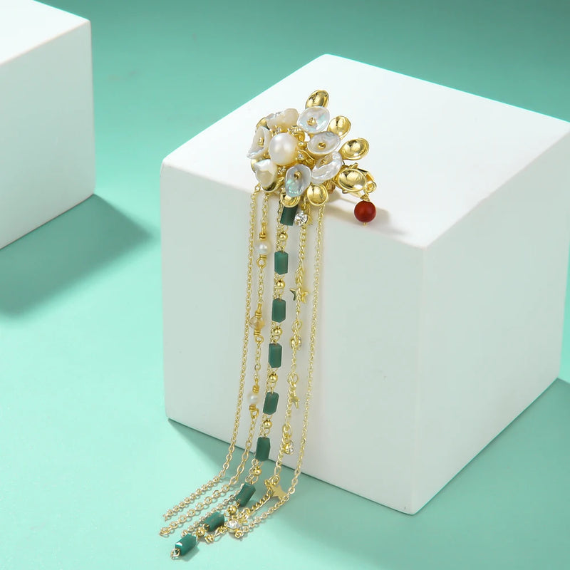 Retro Ingot Tassel Brooch Pearl Women Flower Weddings