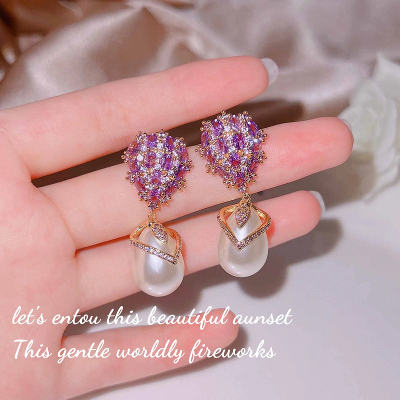 Amethyst Pearl Earrings 925 Stamp Purple Zircon Water Drop