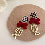 Hollow Tulip Flower Earrings Red Flocking Bow Plaid Silver Pin Ear Clip Pendant