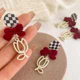 Hollow Tulip Flower Earrings Red Flocking Bow Plaid Silver Pin Ear Clip Pendant