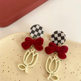 Hollow Tulip Flower Earrings Red Flocking Bow Plaid Silver Pin Ear Clip Pendant