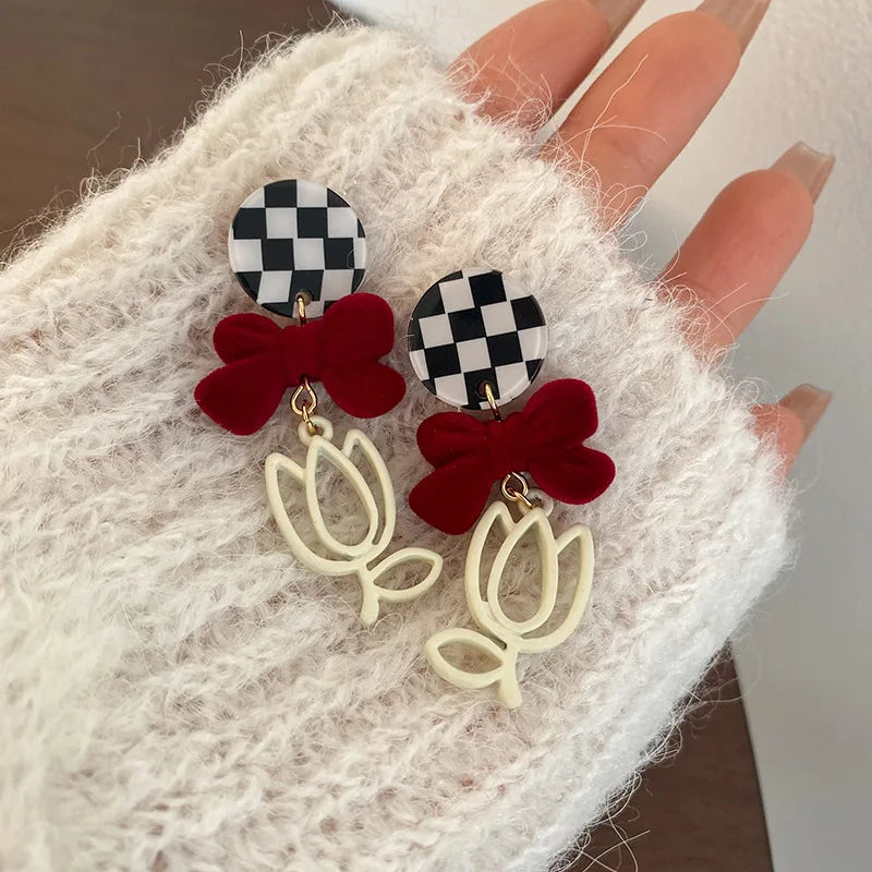 Hollow Tulip Flower Earrings Red Flocking Bow Plaid Silver Pin Ear Clip Pendant
