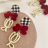 Hollow Tulip Flower Earrings Red Flocking Bow Plaid Silver Pin Ear Clip Pendant