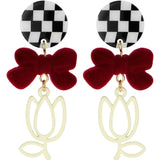 Hollow Tulip Flower Earrings Red Flocking Bow Plaid Silver Pin Ear Clip Pendant