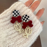 Hollow Tulip Flower Earrings Red Flocking Bow Plaid Silver Pin Ear Clip Pendant
