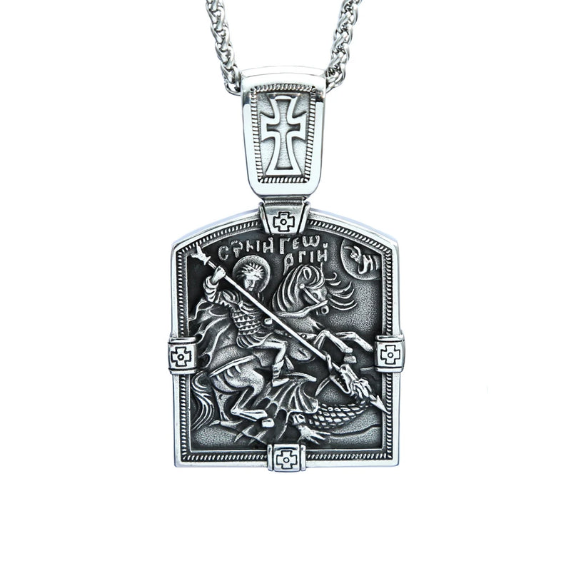 Retro Holy Warrior Religious Necklace Pendant Stainless Steel Cross Amulet