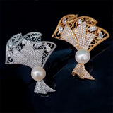 Zircon Fan Flower Brooch with Pearl Bouquet