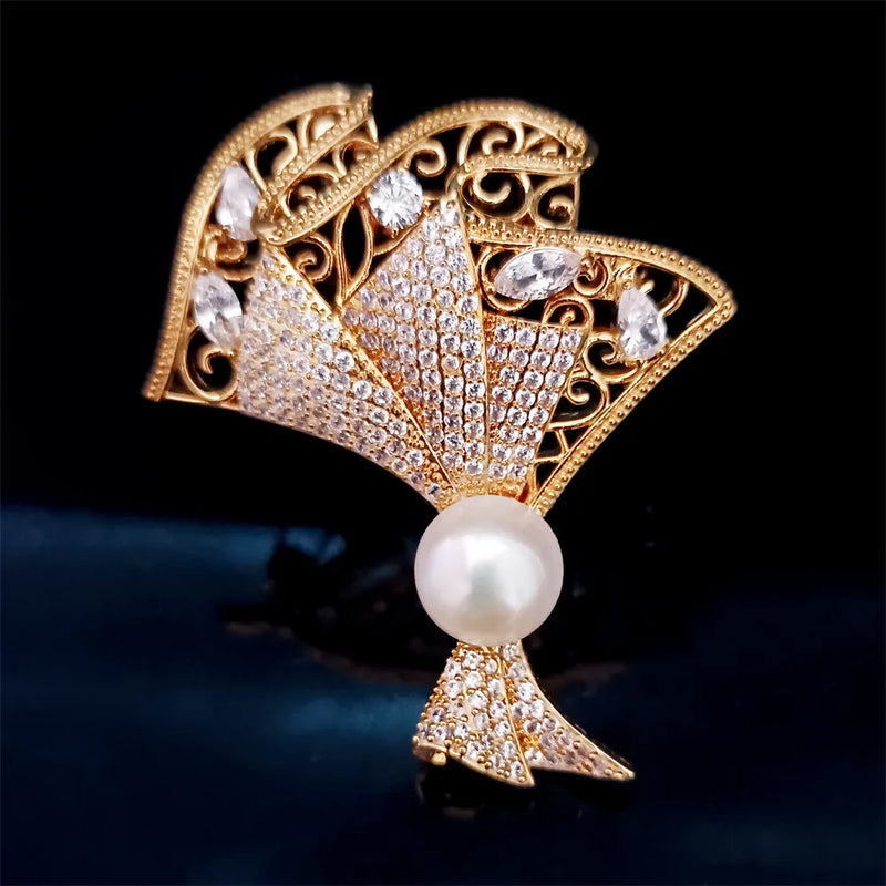 Zircon Fan Flower Brooch with Pearl Bouquet