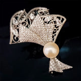 Zircon Fan Flower Brooch with Pearl Bouquet