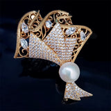 Zircon Fan Flower Brooch with Pearl Bouquet