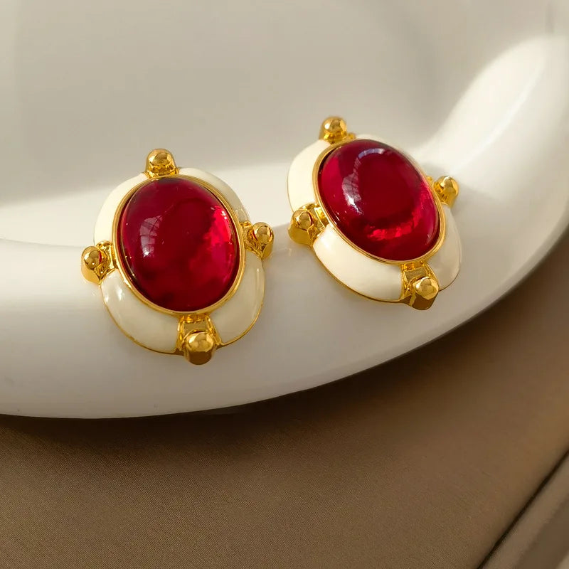Vintage Style Red Resin Earrings 925 Silver Needle Retro Jewelry