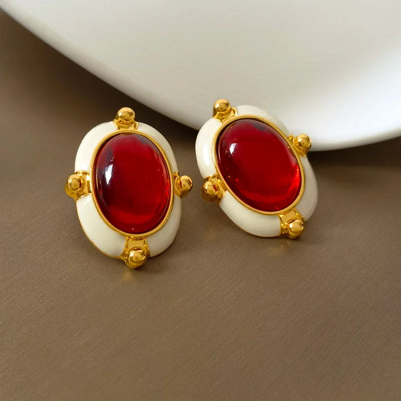 Vintage Style Red Resin Earrings 925 Silver Needle Retro Jewelry