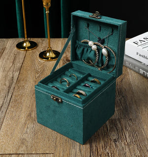 Green 3-Layer Flannel Jewelry Storage Box Ring Necklace Earring Holder Case