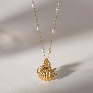 Retro Kpop Shell Pendant Starfish Star Necklace Women Stainless Steel