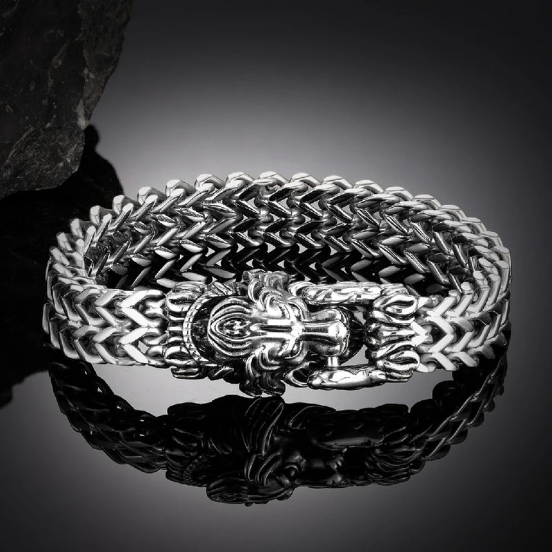 Retro Lion Head Bracelet Men Antique Stainless Steel Animal Bangle