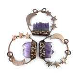 Moon Stars Bronze Soldered Amethysts Pendant Raw Crystal Necklace