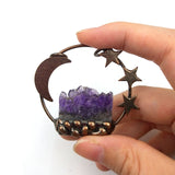 Moon Stars Bronze Soldered Amethysts Pendant Raw Crystal Necklace