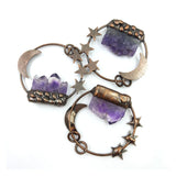 Moon Stars Bronze Soldered Amethysts Pendant Raw Crystal Necklace