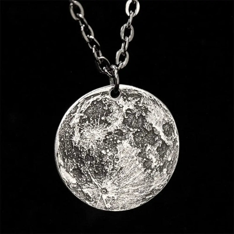 Moon Surface Coin Pendant Necklace Stainless Steel Long Sweater Chain