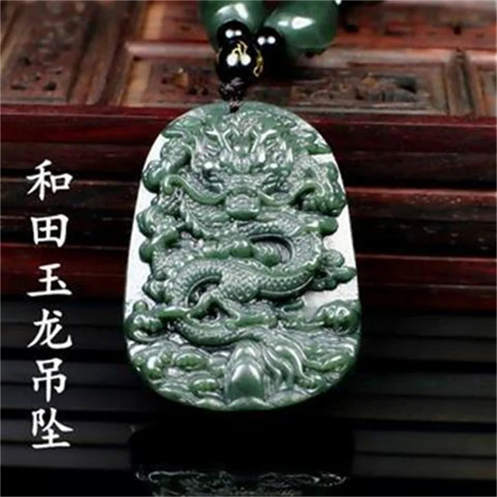 Vintage Dark Green HeTian Jade Chinese Dragon Pendant