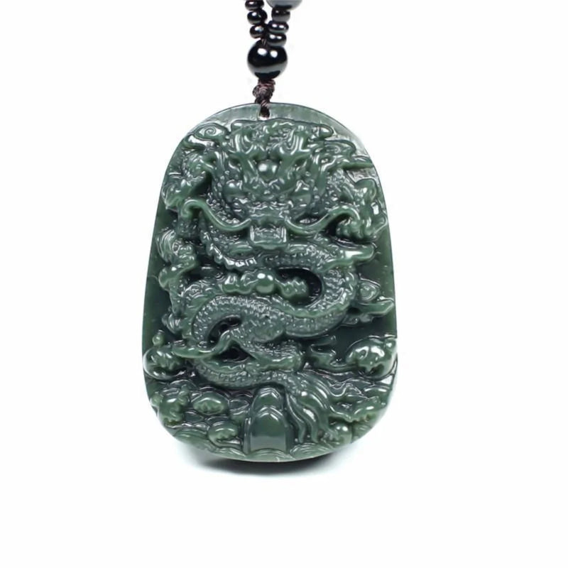Vintage Dark Green HeTian Jade Chinese Dragon Pendant