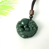 Dark Green HeTian Jade Carved PiXiu Ball Pendant Necklace for Man