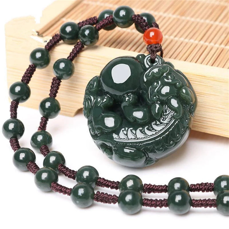 Dark Green HeTian Jade Carved PiXiu Ball Pendant Necklace for Man