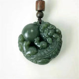 Dark Green HeTian Jade Carved PiXiu Ball Pendant Necklace for Man