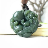 Dark Green HeTian Jade Carved PiXiu Ball Pendant Necklace for Man