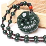 Dark Green HeTian Jade Carved PiXiu Ball Pendant Necklace for Man