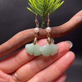 Green Jade Ginkgo Leaf Pearl Earrings 14K Hook Jewelry Women Gift